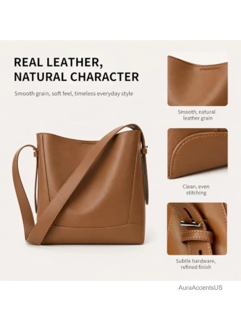 Genuine Leather Bucket Tote Bag Crossbody Purse Adjustable Strap Shoulder Bag
